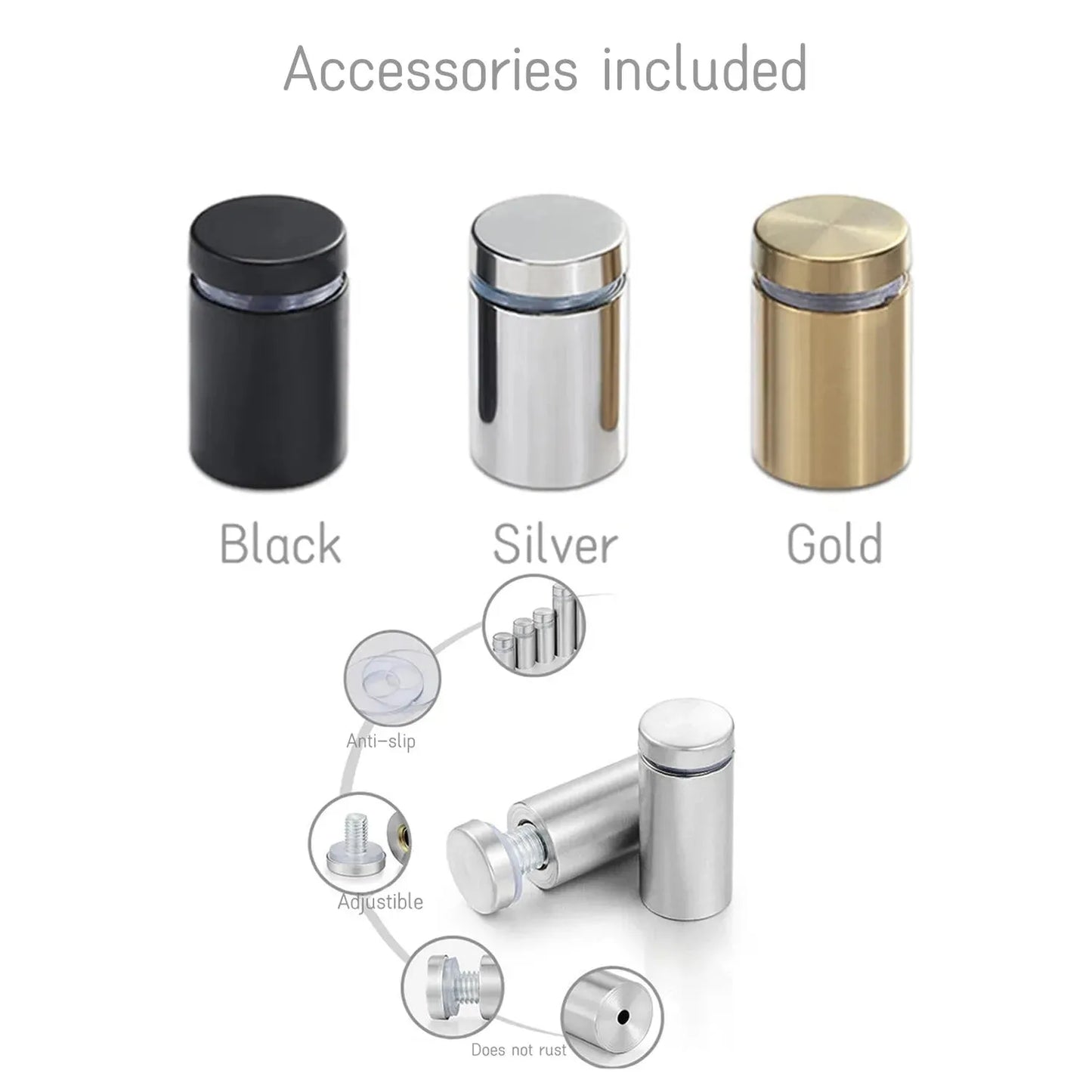Black, silver, and gold stainless steel mounting accessories included with anti-slip and adjustable features for address signs.