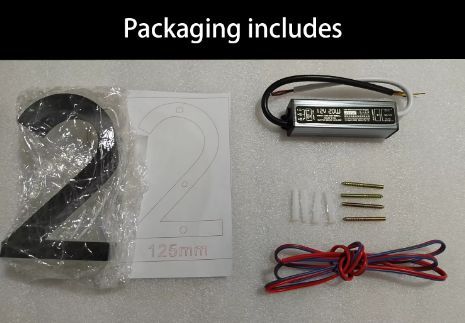 Custom matte black metal LED house number with installation screws, waterproof wiring, and transformer kit displayed on white background.