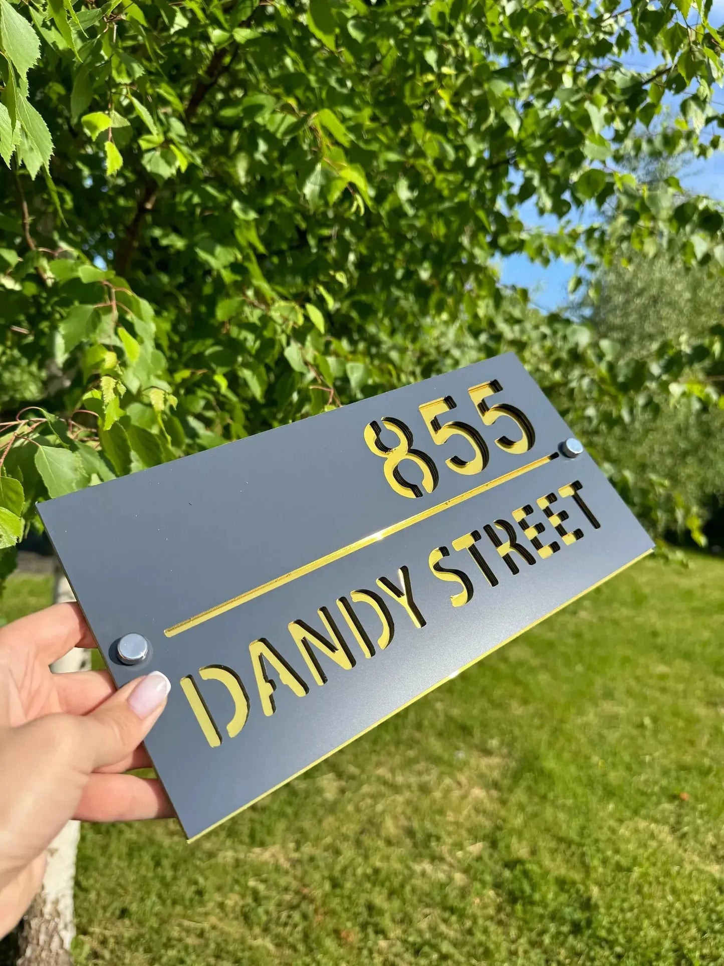 Custom personalized stainless steel address sign with cut-out numbers and street name held outdoors by a hand