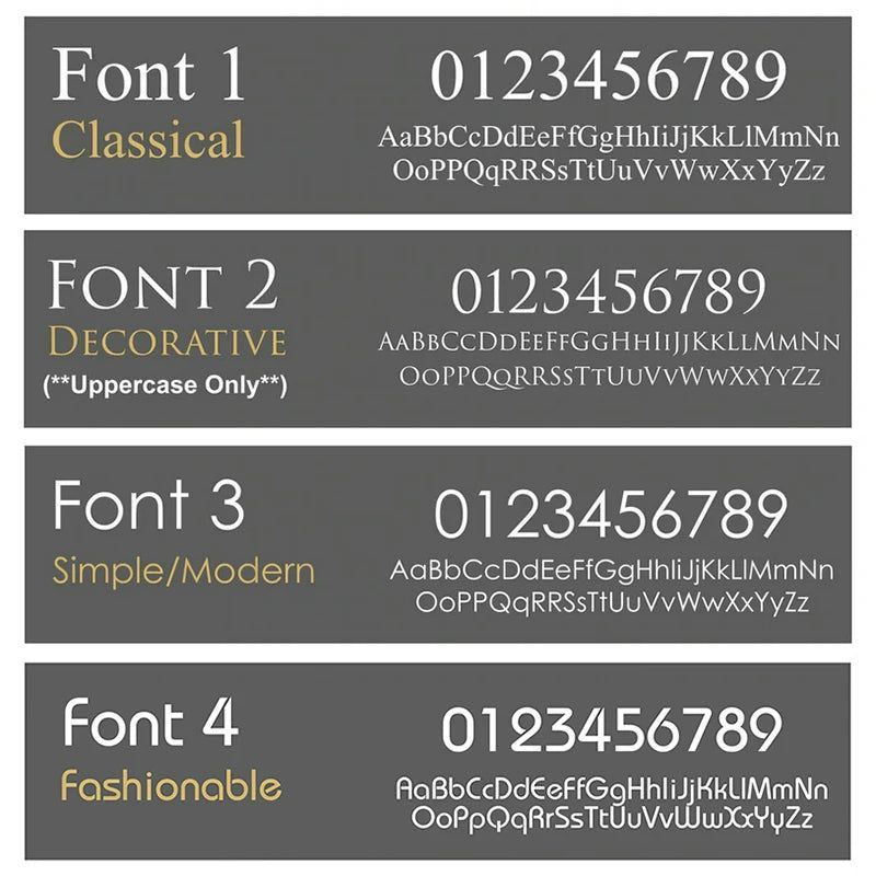 Four font style options for custom solar acrylic house sign including classical, decorative uppercase, modern, and fashionable designs.