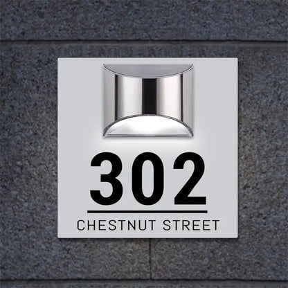 Square solar-powered custom acrylic house sign with address 302 Chestnut Street and modern light fixture