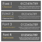 Font selection guide showing four font styles for custom solar acrylic house signs with uppercase and lowercase letters and numbers.