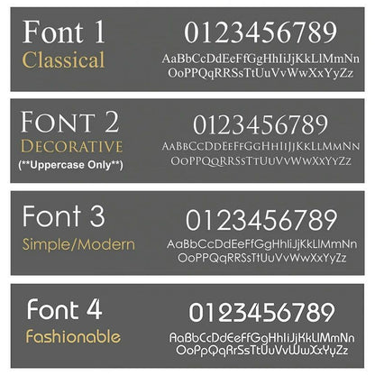 Font selection guide showing four font styles for custom solar acrylic house signs with uppercase and lowercase letters and numbers.