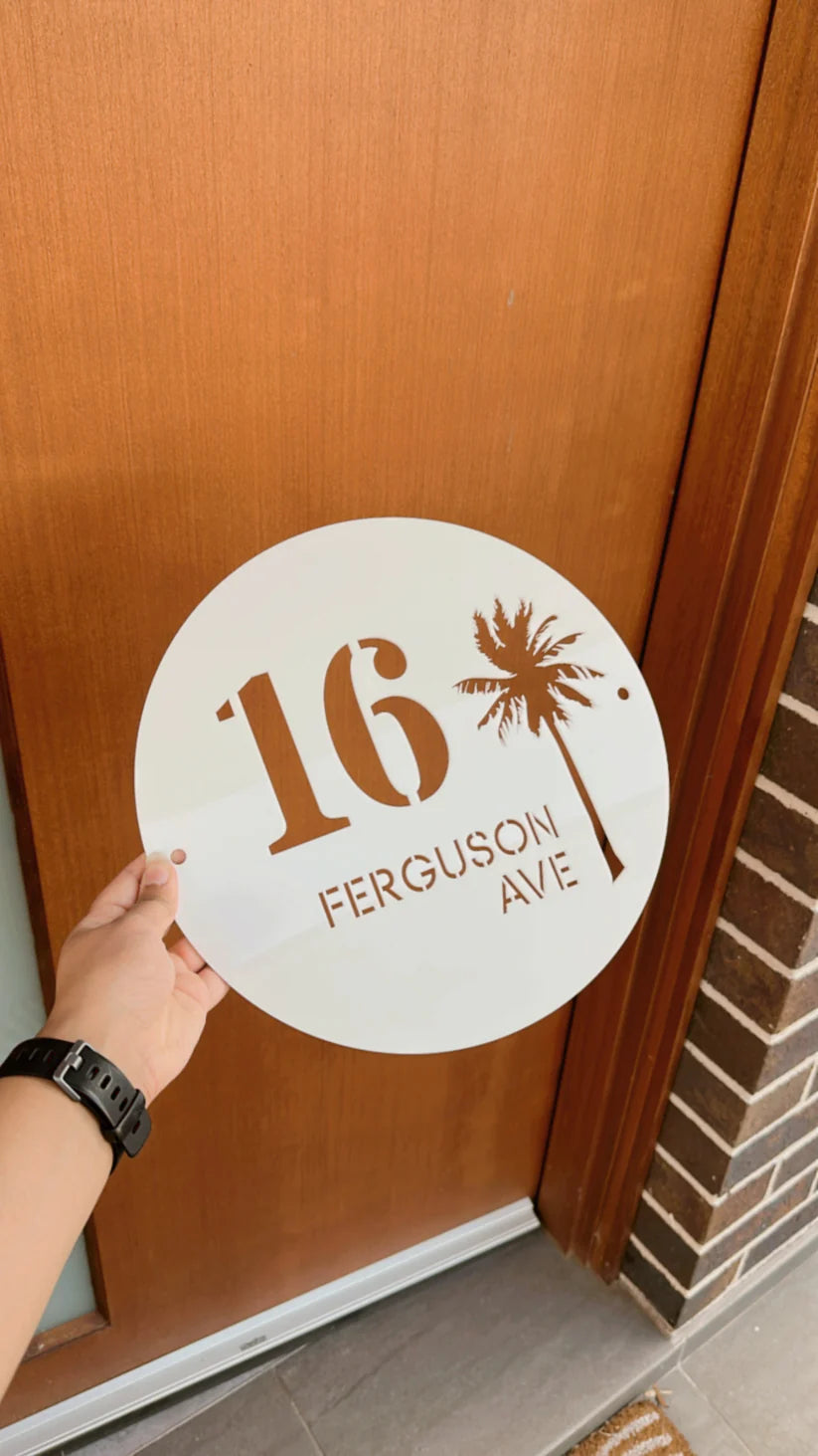 Coastal round palms acrylic custom address sign.