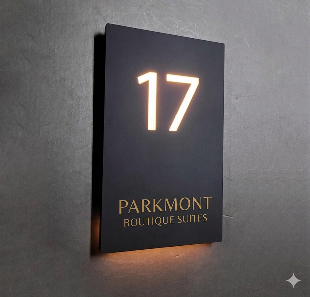 Modern house number sign with '17' and 'Parkmont Boutique Suites' on a dark background