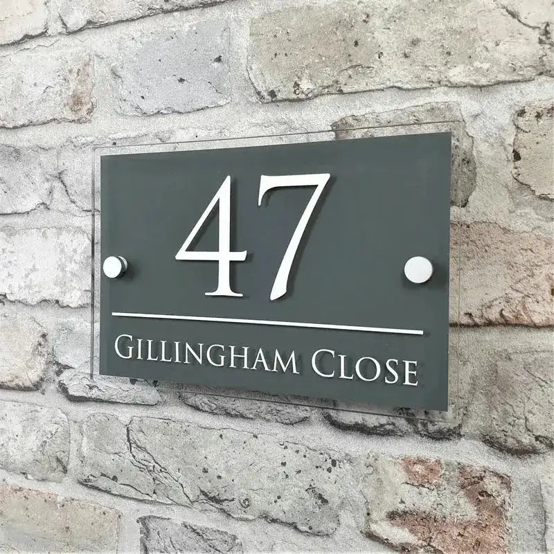 Taupe modern custom address plaque floating sign.