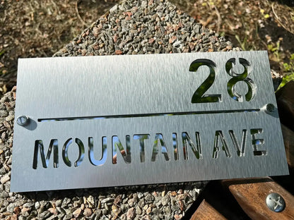 Custom personalised stainless steel address sign with house number and street name cutout design