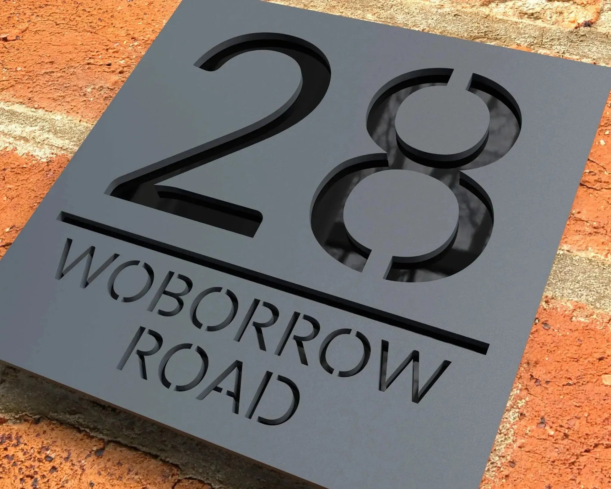 Custom square acrylic house letterbox sign with house number and street name in sleek modern design.