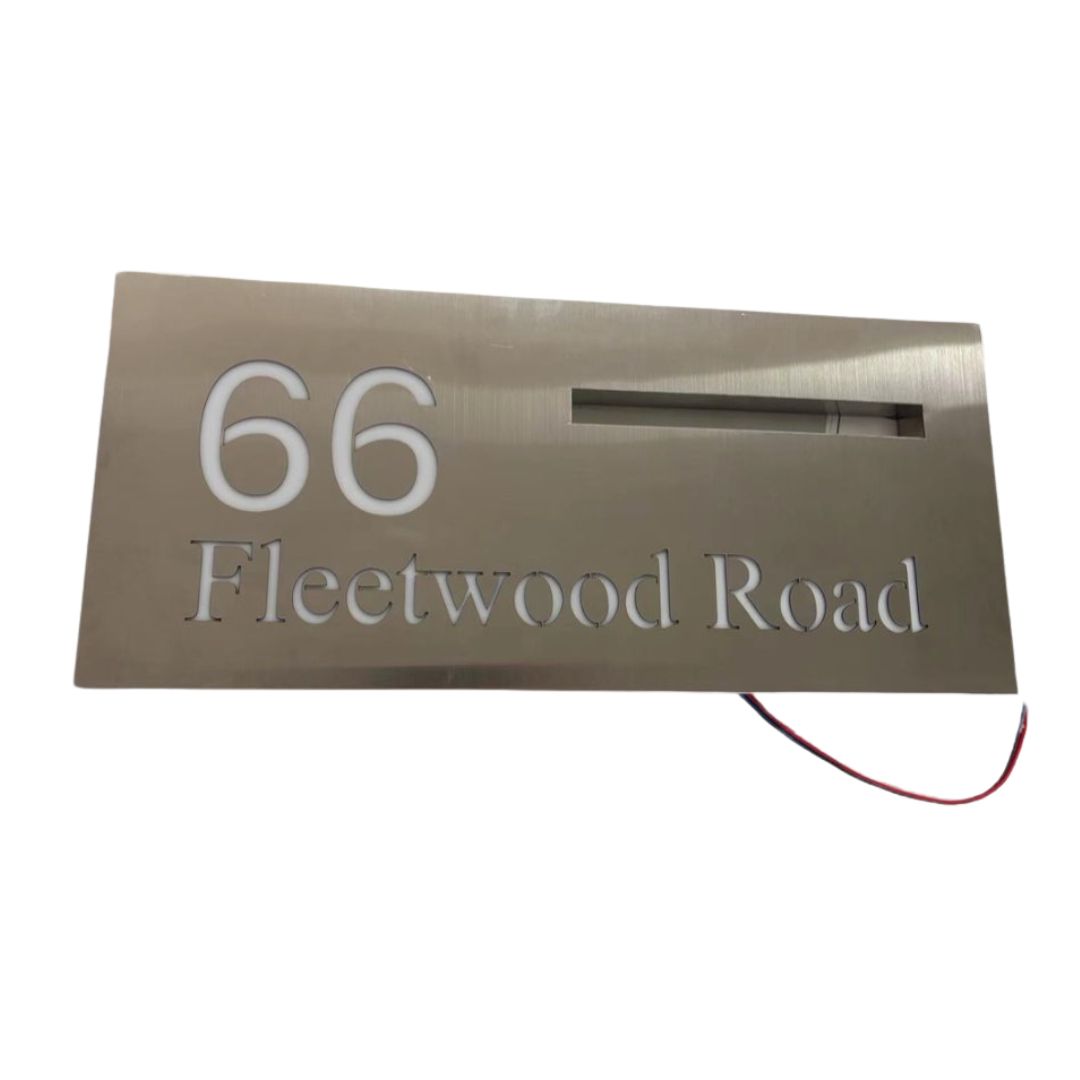 Custom stainless steel LED mailbox slot letterbox with illuminated house number and street name sign