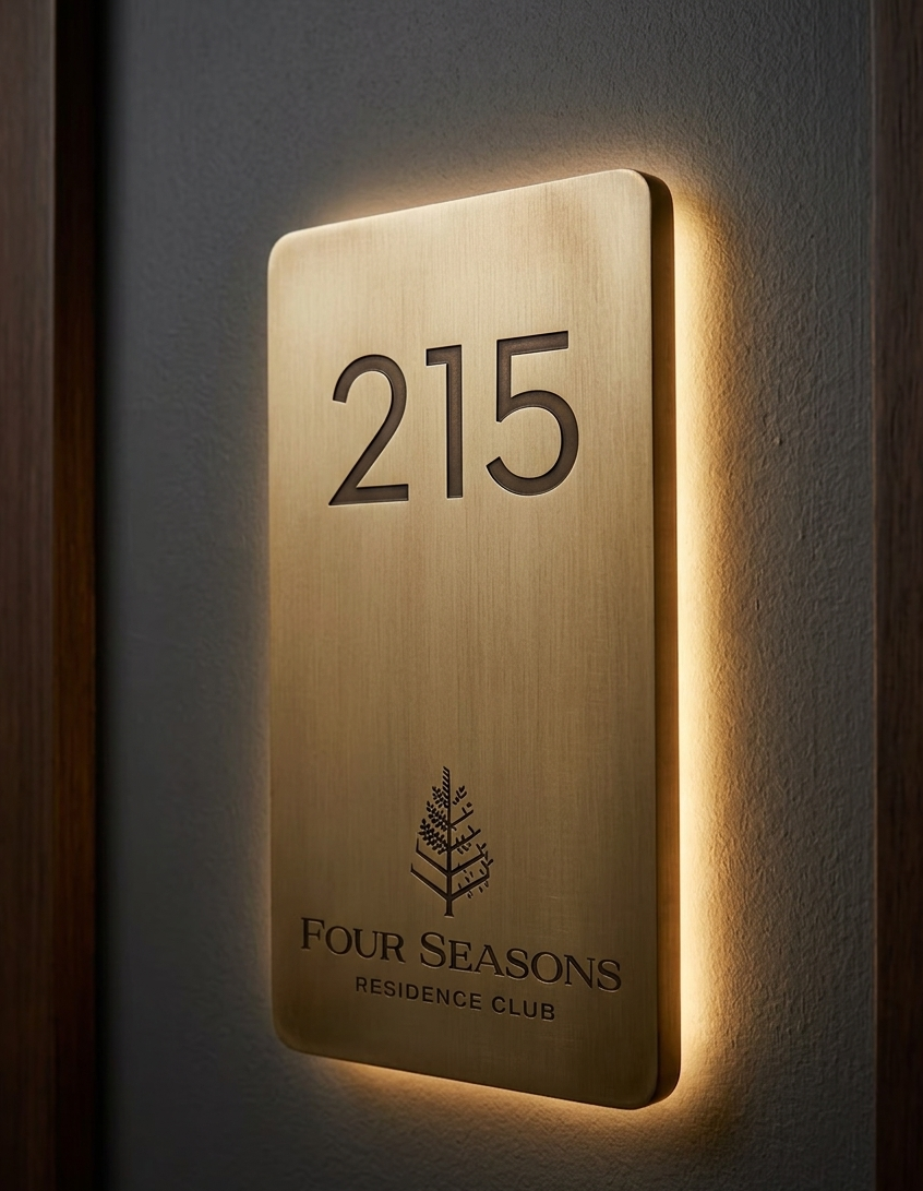 Brass door plaque with number 215 and 'Four Seasons Residence Club' logo on a dark background