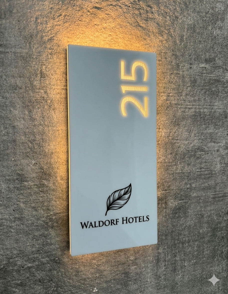 Hotel room number sign with '215' and Waldorf Hotels logo on a textured wall.