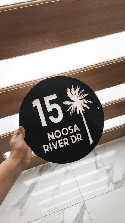 Coastal round palms acrylic custom address sign.