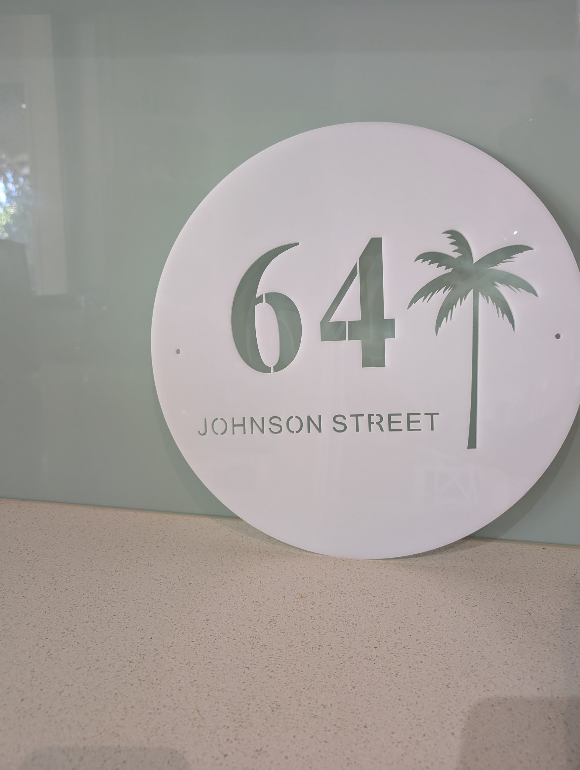 Coastal round palms acrylic custom address sign.