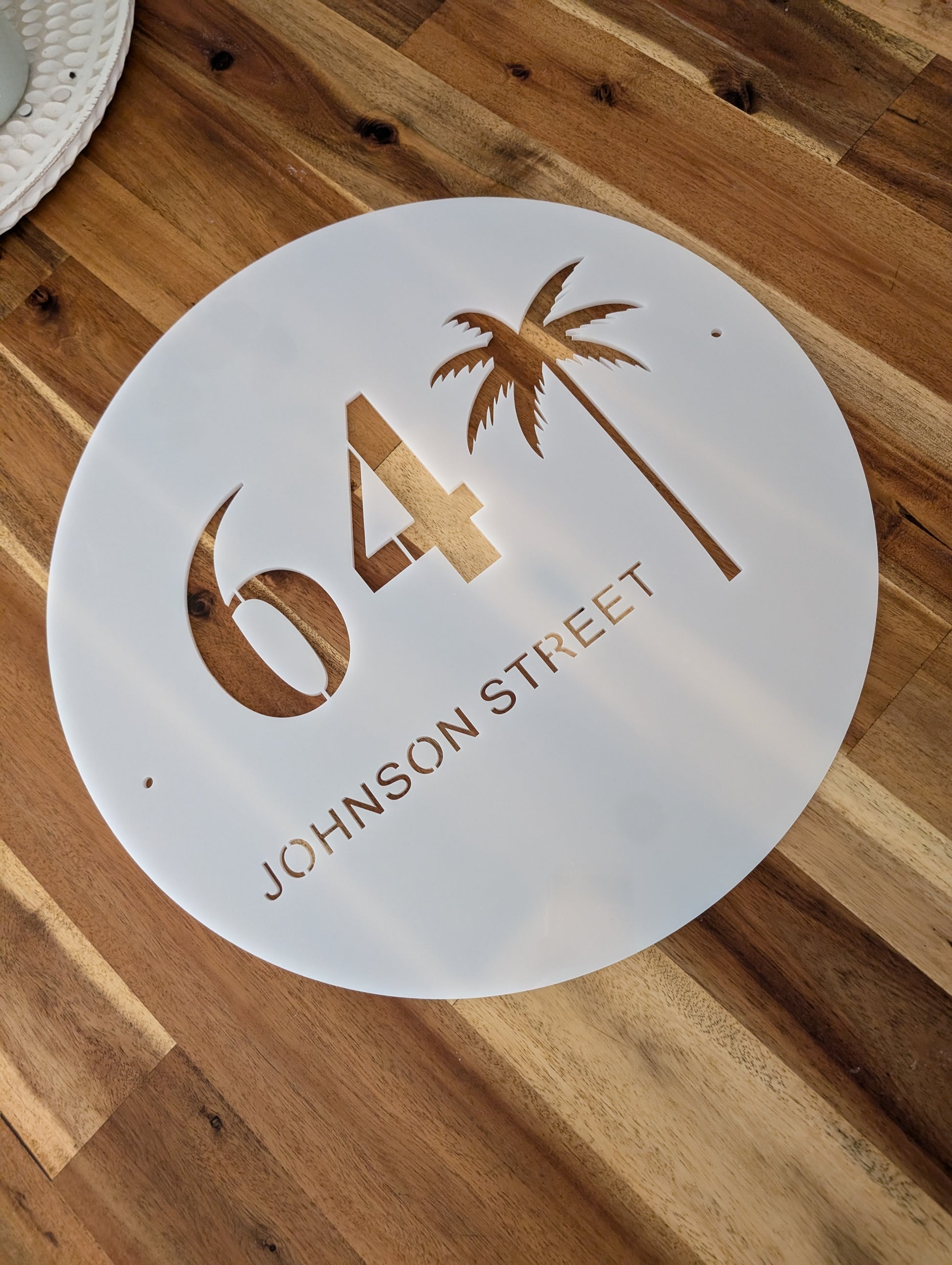 Coastal round palms acrylic custom address sign.