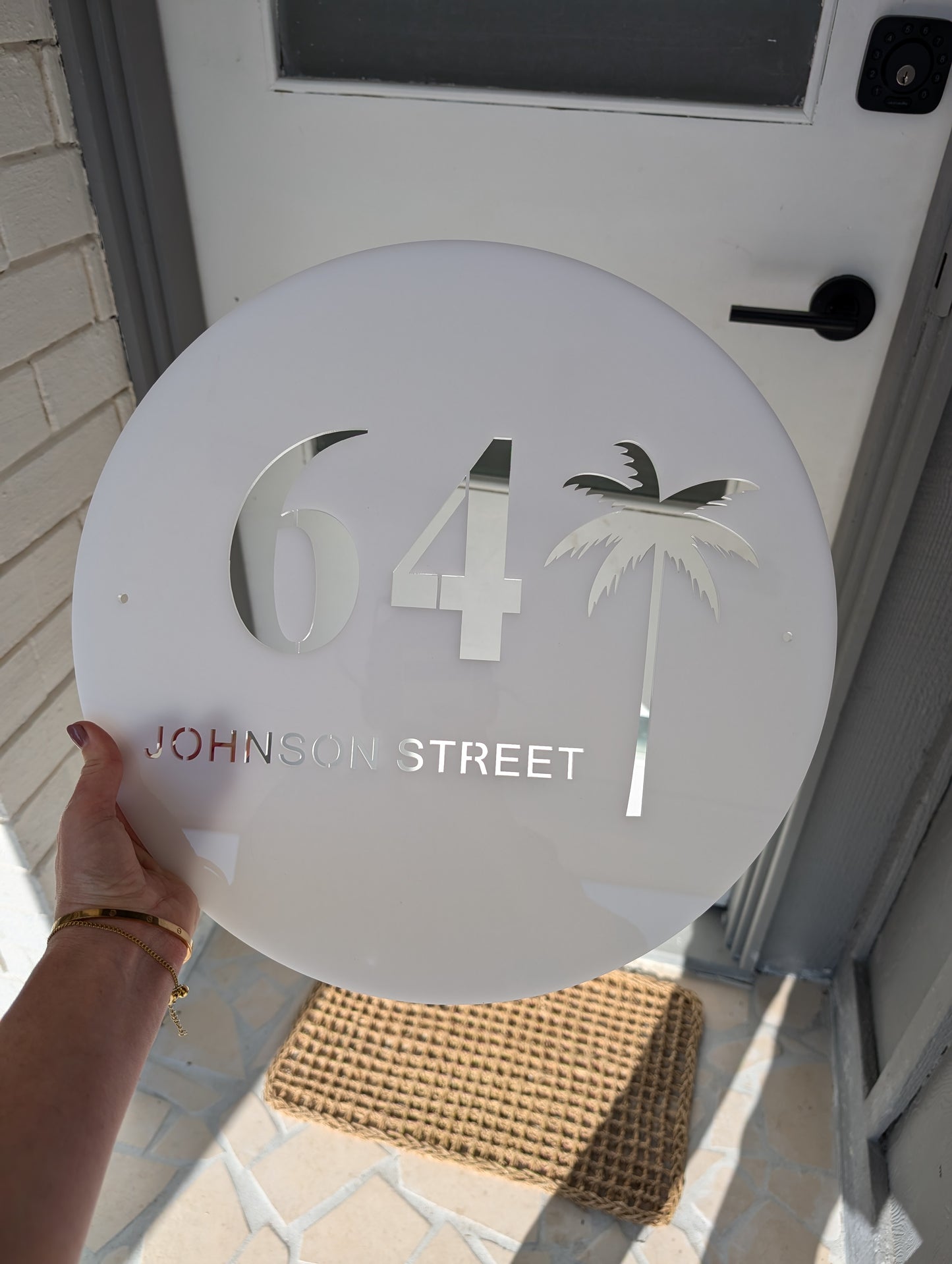 Coastal round palms acrylic custom address sign.