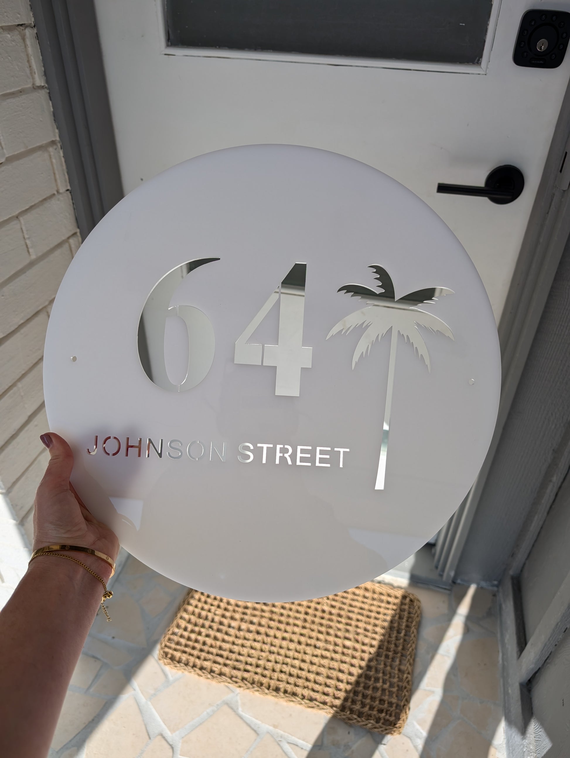 Coastal round palms acrylic custom address sign.